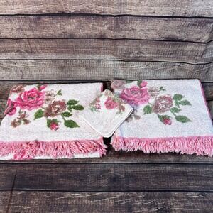 Vintage 70s Fashion Manor Pink Rose Floral Fringed Bath Towel Set 3 Piece Cotton